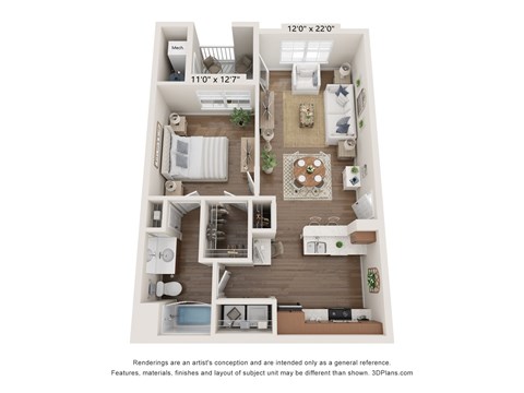 Floor plan for 1 bed, 1 bath, 676 sqft